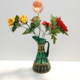 Pichet/vase vert en verre soufflé à la main et osier, Empoli, Italie