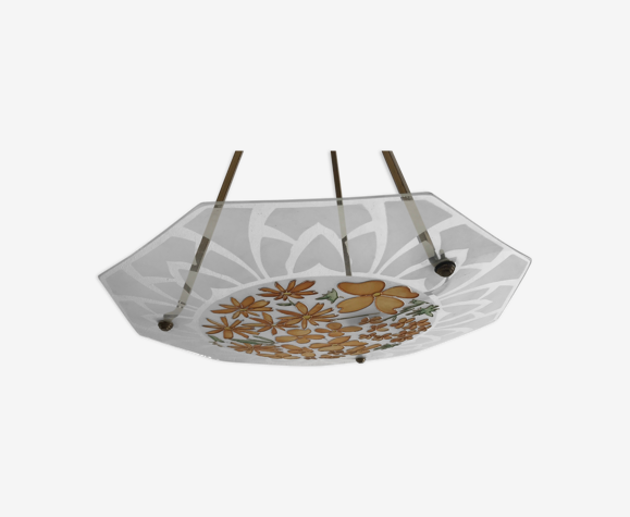 Lustre Art Déco 1930 signé Verrerie Aurys (groupe Saint-Gobain), peint à la main, motif floral