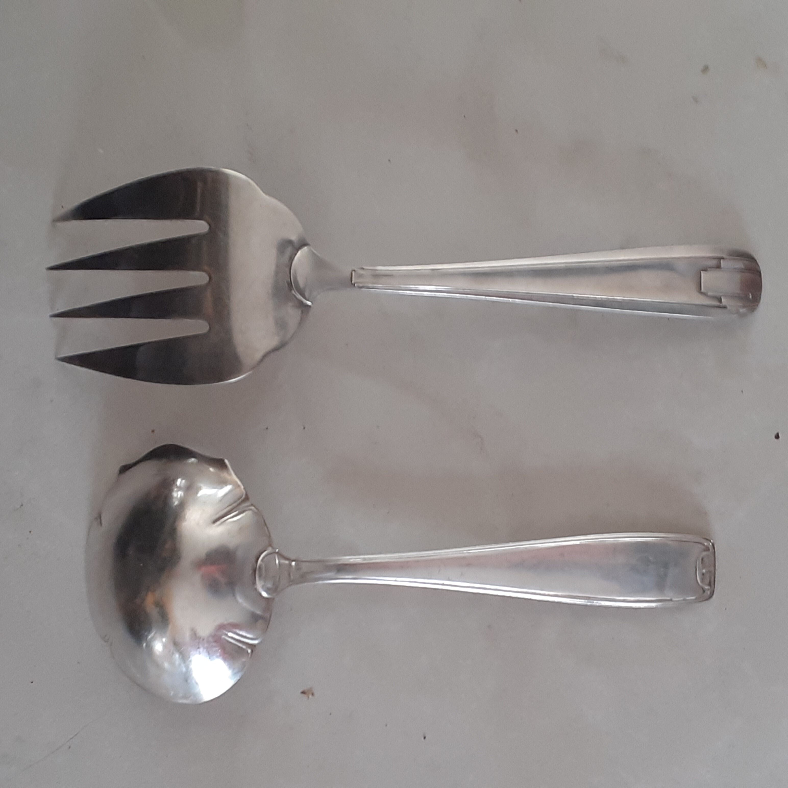 Sauce spoon and wide fork in silver metal, year 50