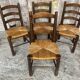 Set of 4 antique chairs georges robert brutalist wood + straw seat