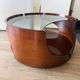 Italian Space Age coffee table in curved wood and smoked glass – 1970s