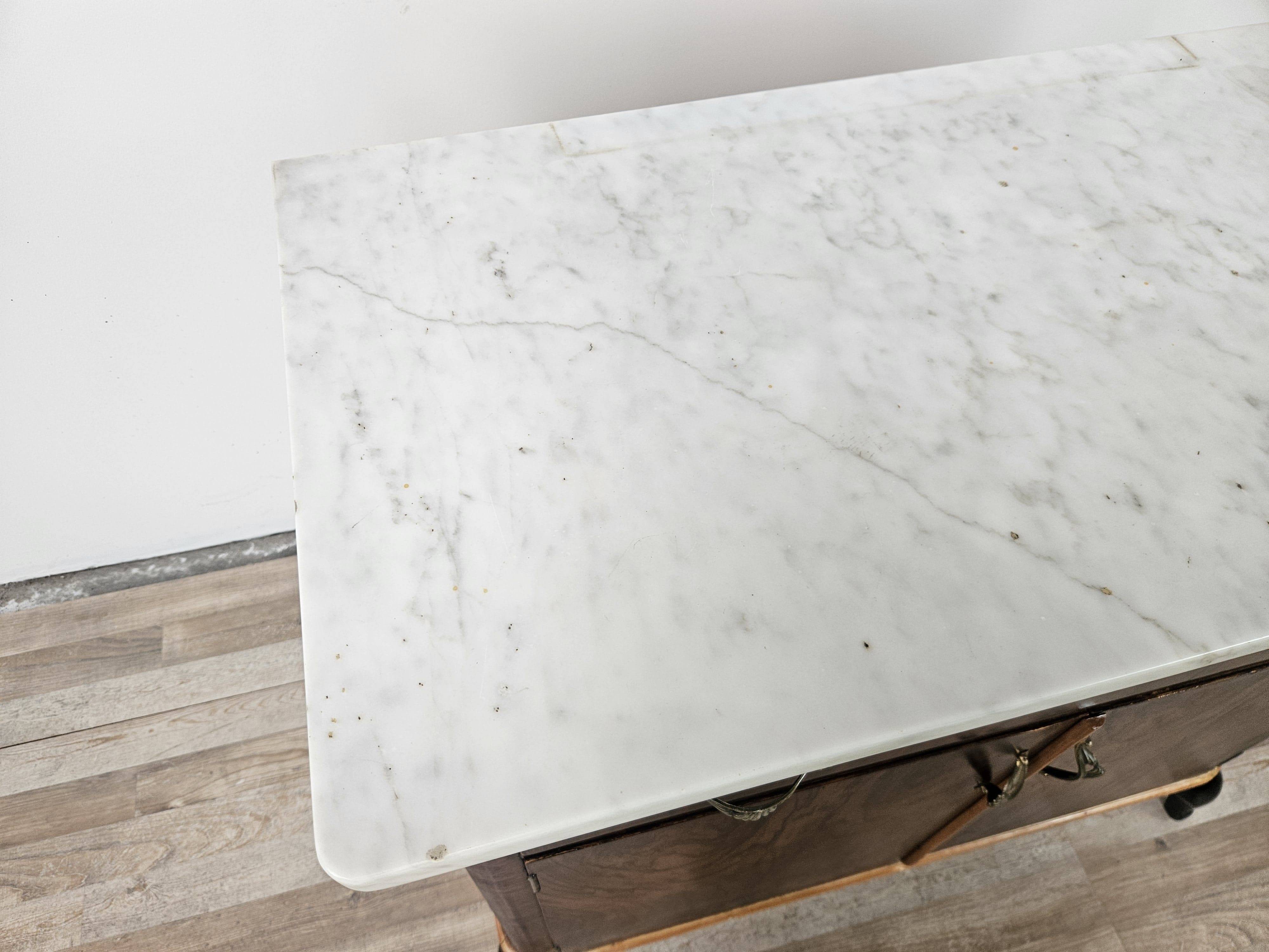 Mahogany burl dressing table with white marble top