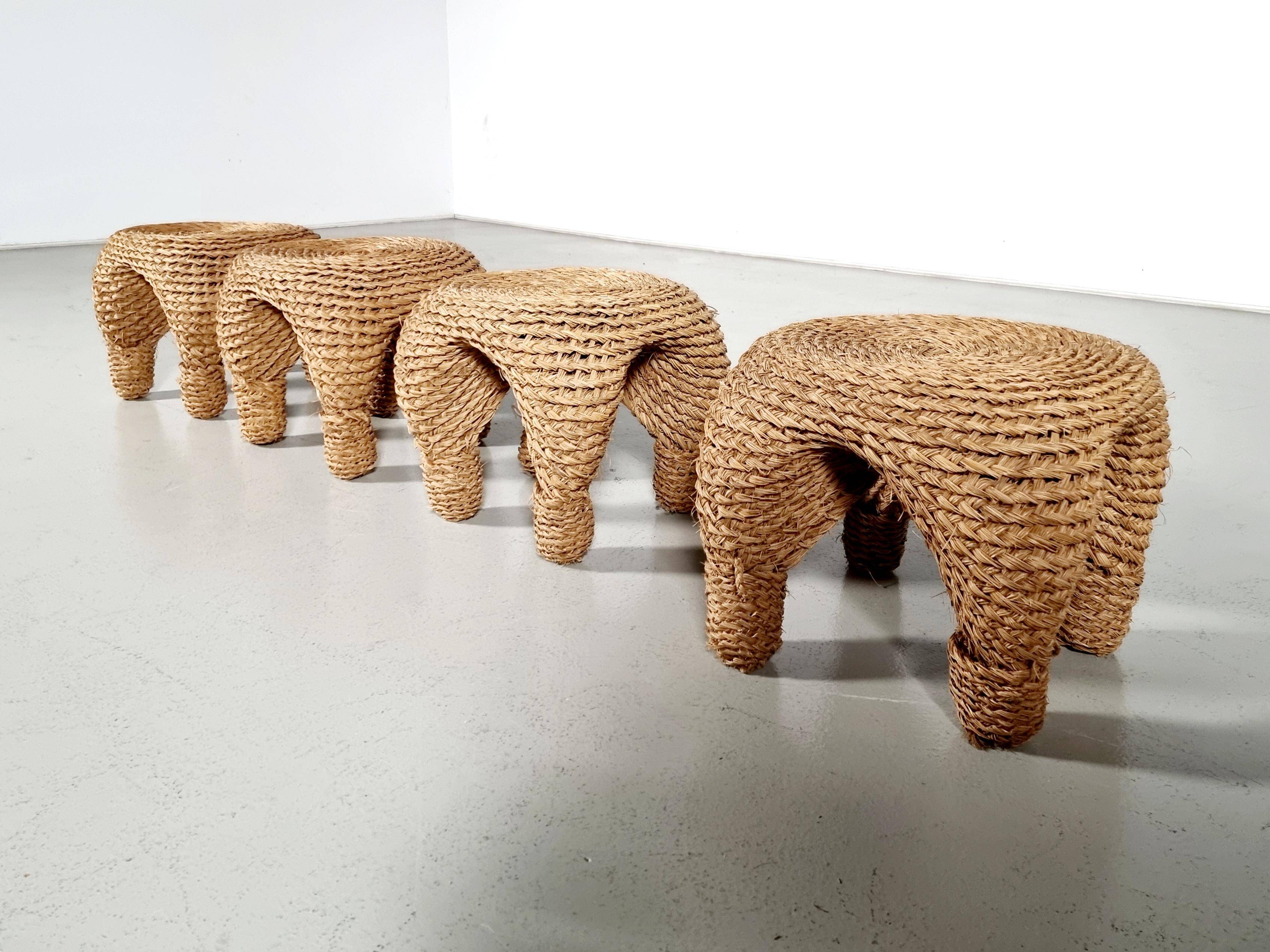 Wicker and pine needle table and stools, France, 1980s