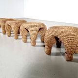 Wicker and pine needle table and stools, France, 1980s
