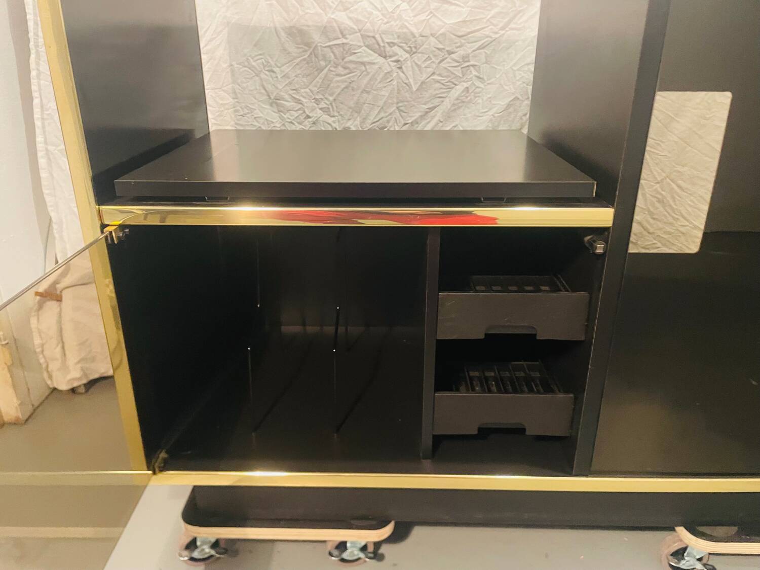 Sideboard, black lacquered and brass Hi-fi unit by Roche Bobois, circa 1970