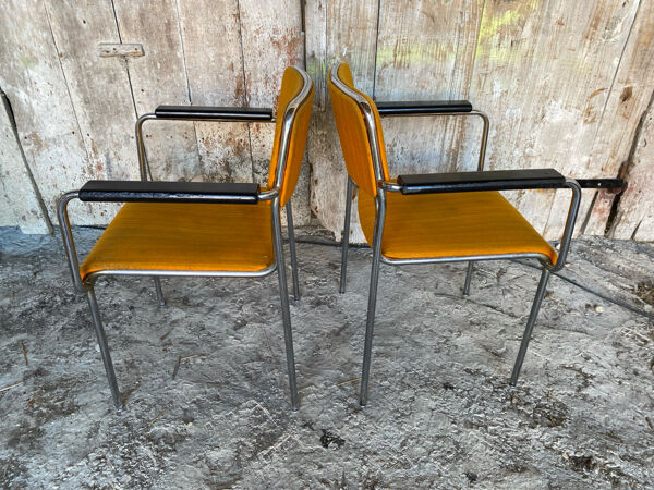 Paire Fauteuil Ancien Métal Chromé + Tissu Orange + Bois 1970 Vintage