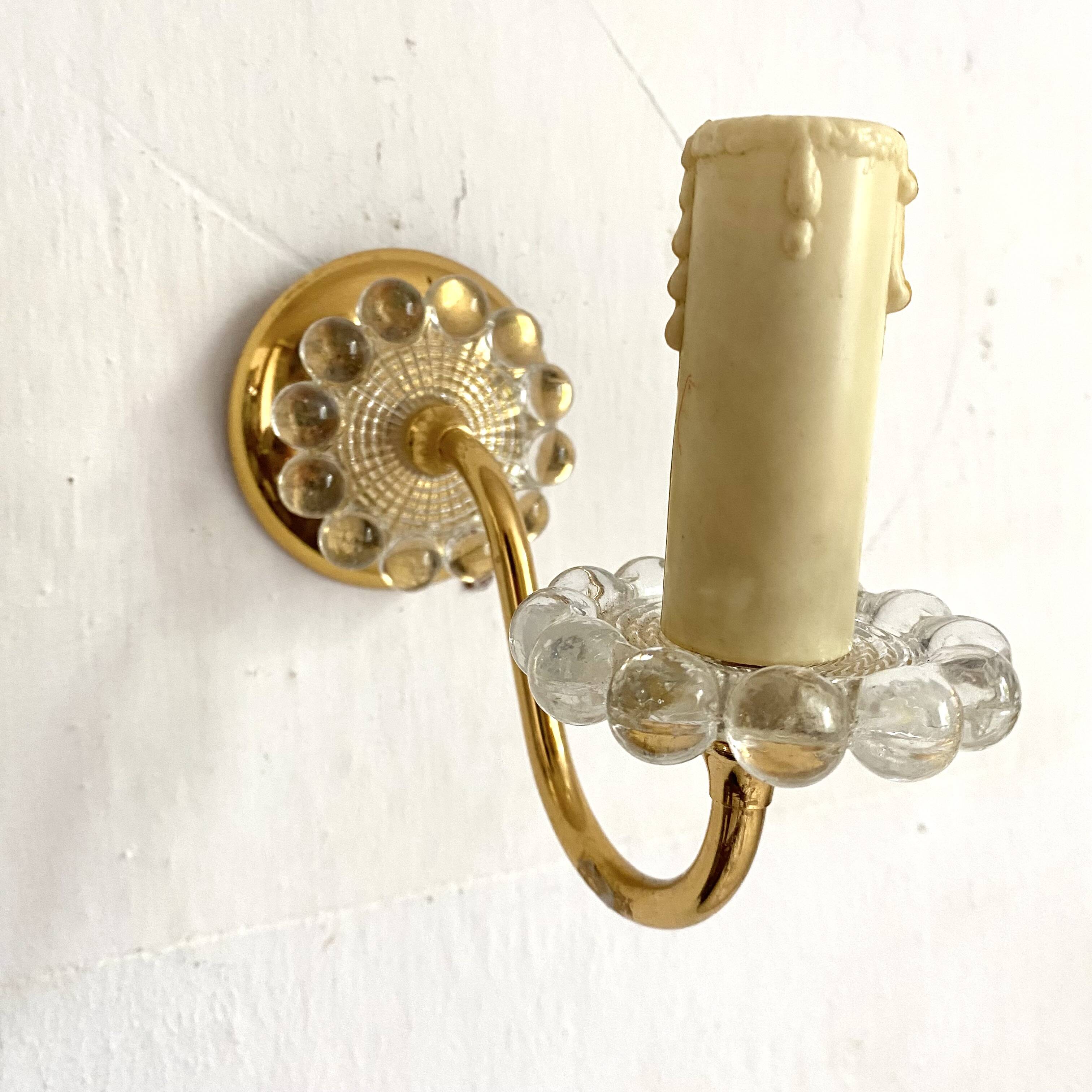 Pair of glass and gold metal wall lights from the 1960s