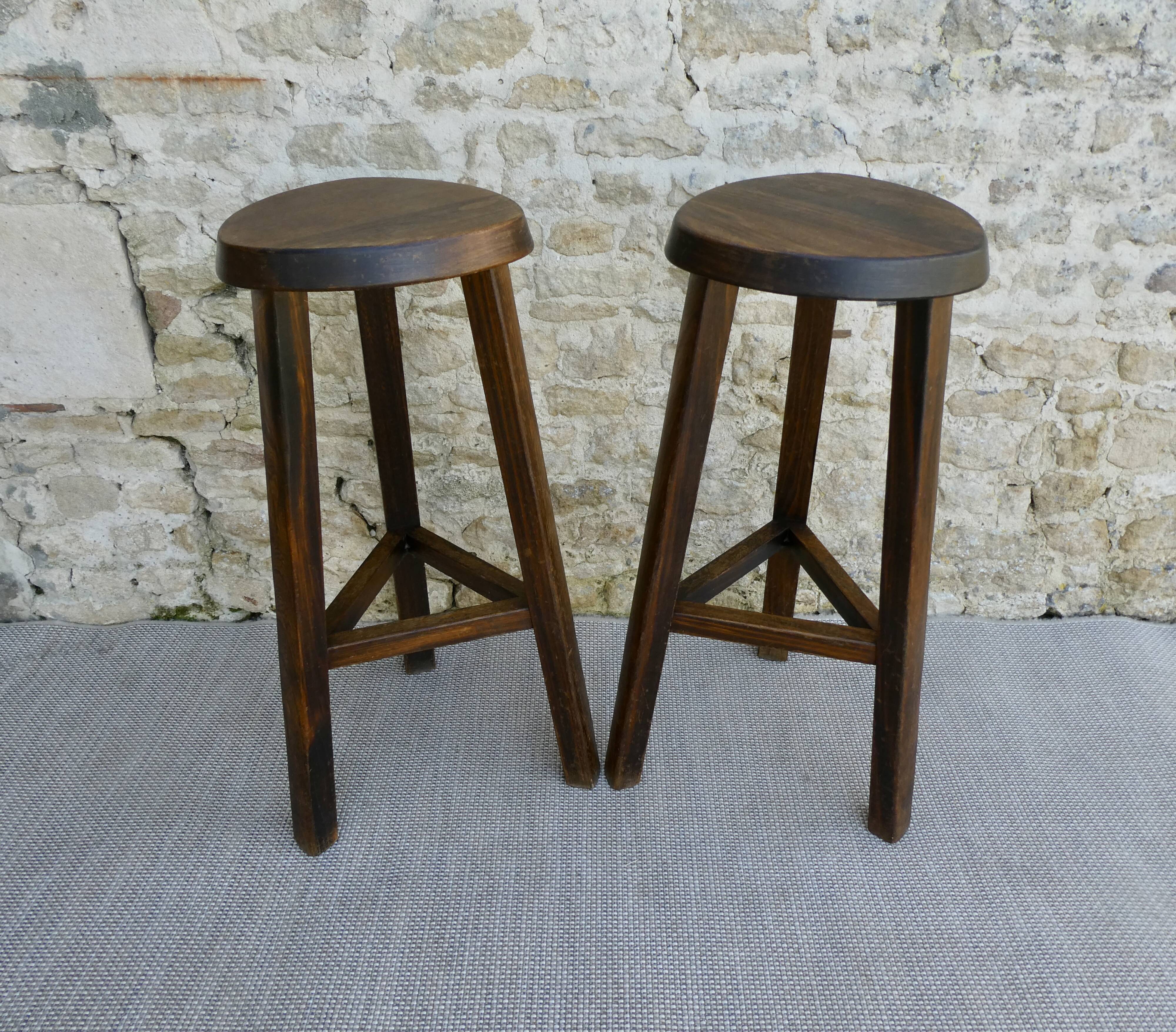 Pair of high tripod stools, bar, solid wood