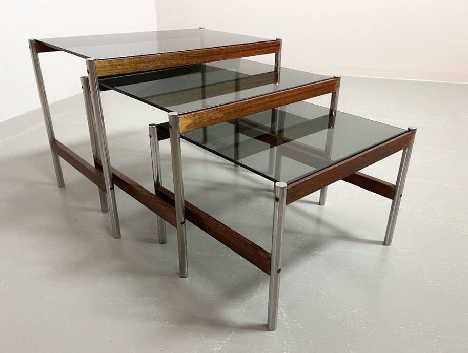 3 Fristho Dutch Design Nesting Tables with Smokey Glass Top Wenge Frame 60s