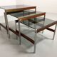 3 tables gigognes Fristho de design hollandais avec plateau en verre fumé et cadre en wengé, années 60