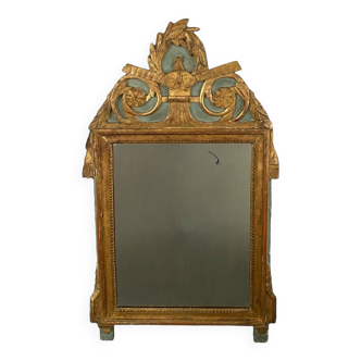 Gilded wood mirror eighteenth Louis XVI green patina original mirror