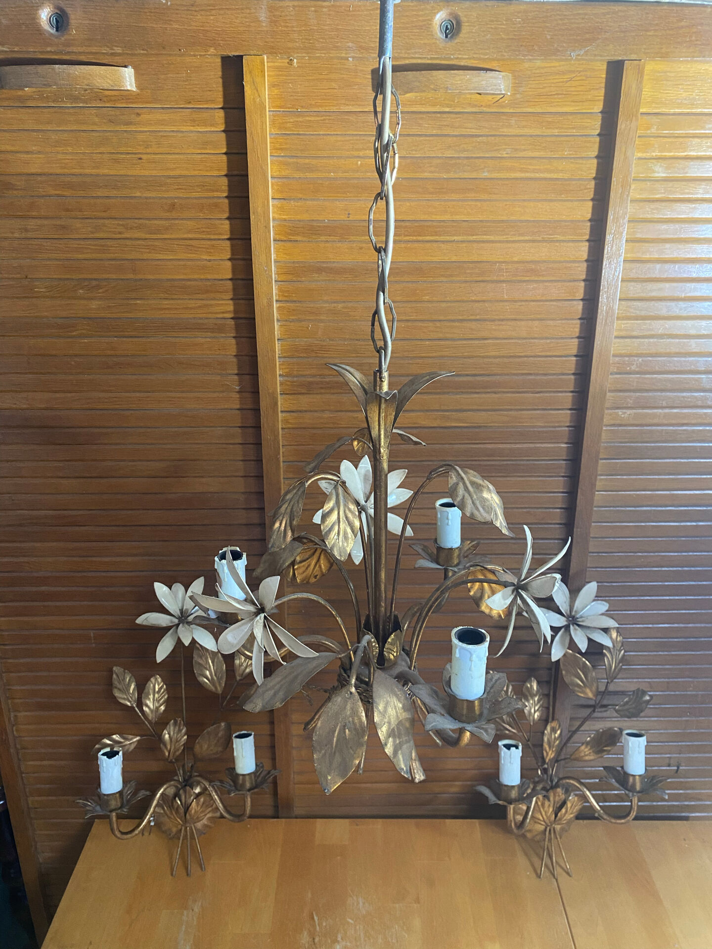 Vintage Lustre + 2 MASCA Wall Lights Hollywood Regency Gold Metal 70s It