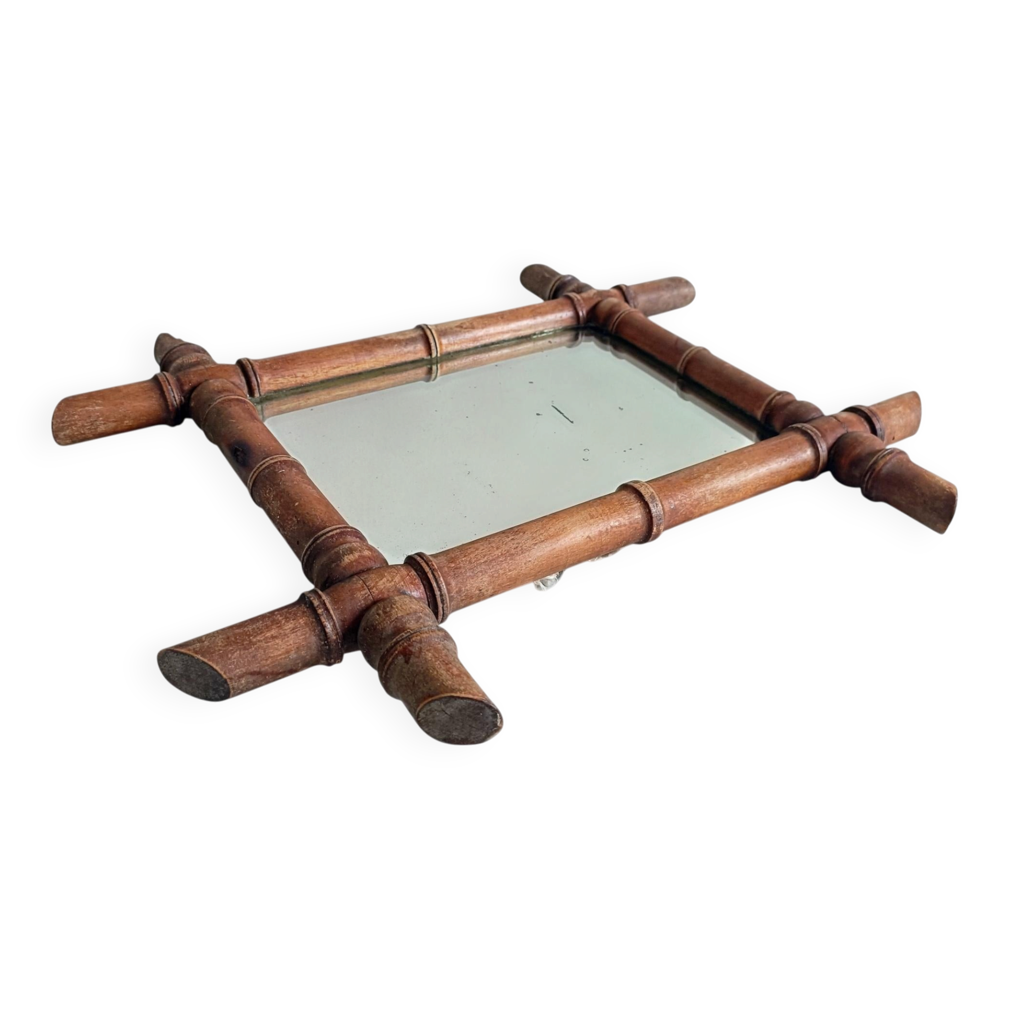 French Faux Bamboo Wall Mirror, Aged Patina, Circa 1900s