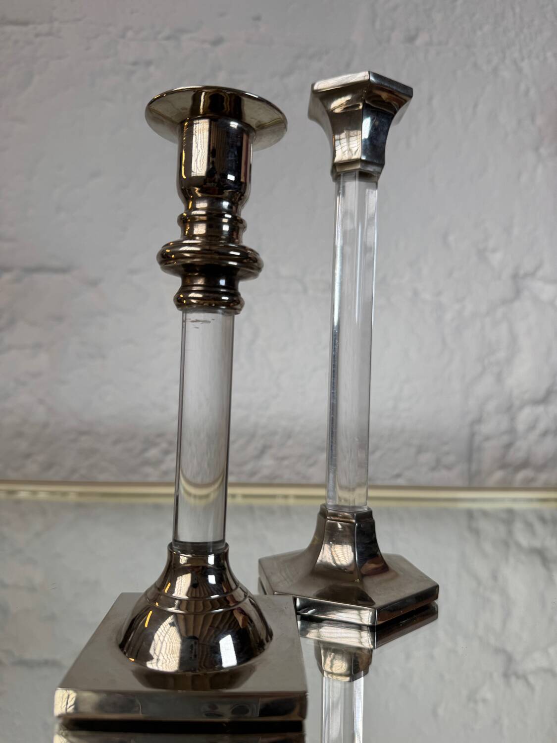 80s silver metal acrylic candle holders
