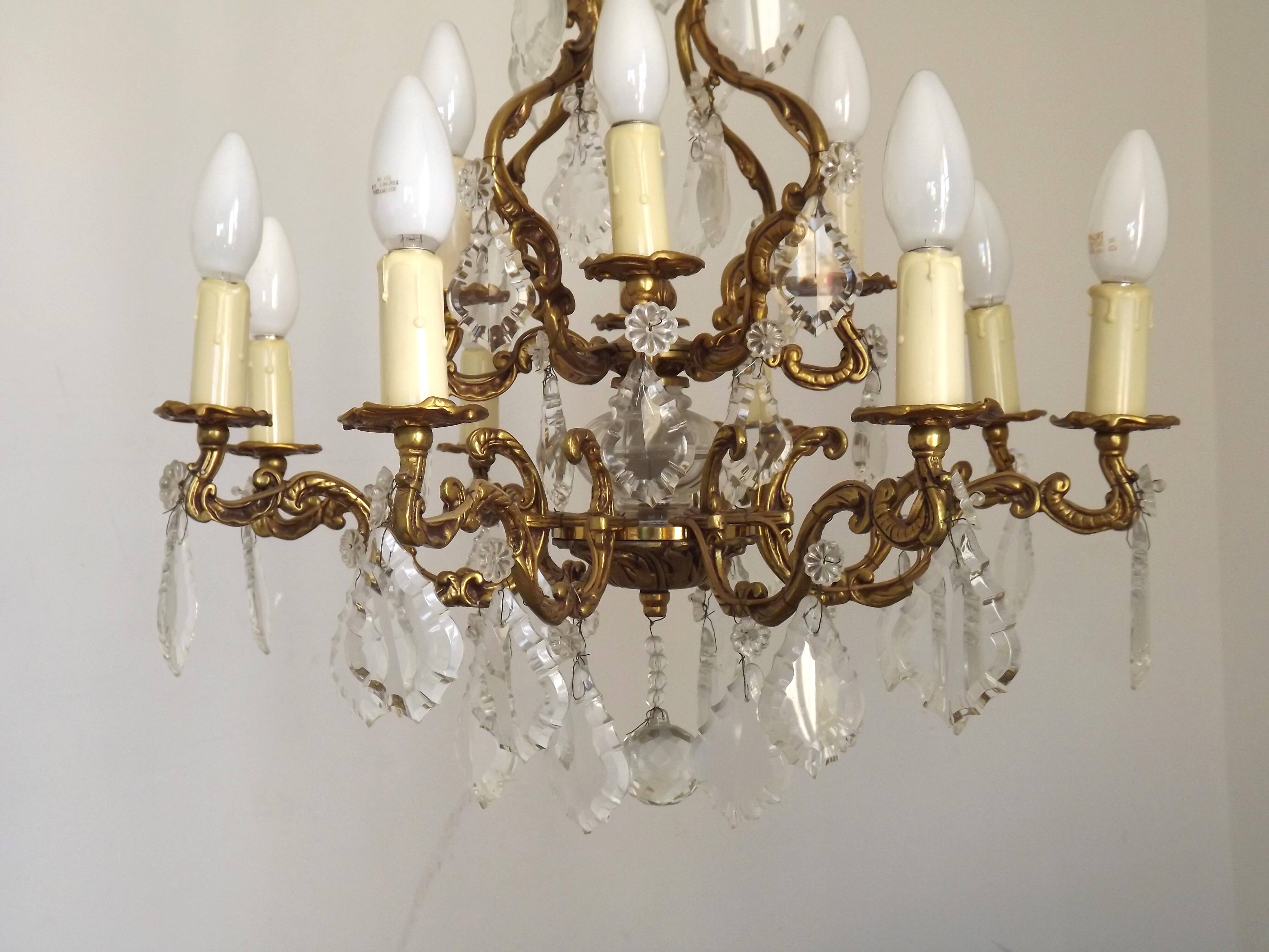 Lustre Cage 12 Lights Art Nouveau Bronze Glass and Crystal 5226