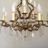 Lustre Cage 12 Lights Art Nouveau Bronze Glass and Crystal 5226