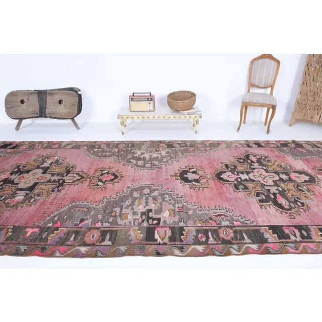 Vintage Turkish hand-knotted wool cotton pink area rug 180x475