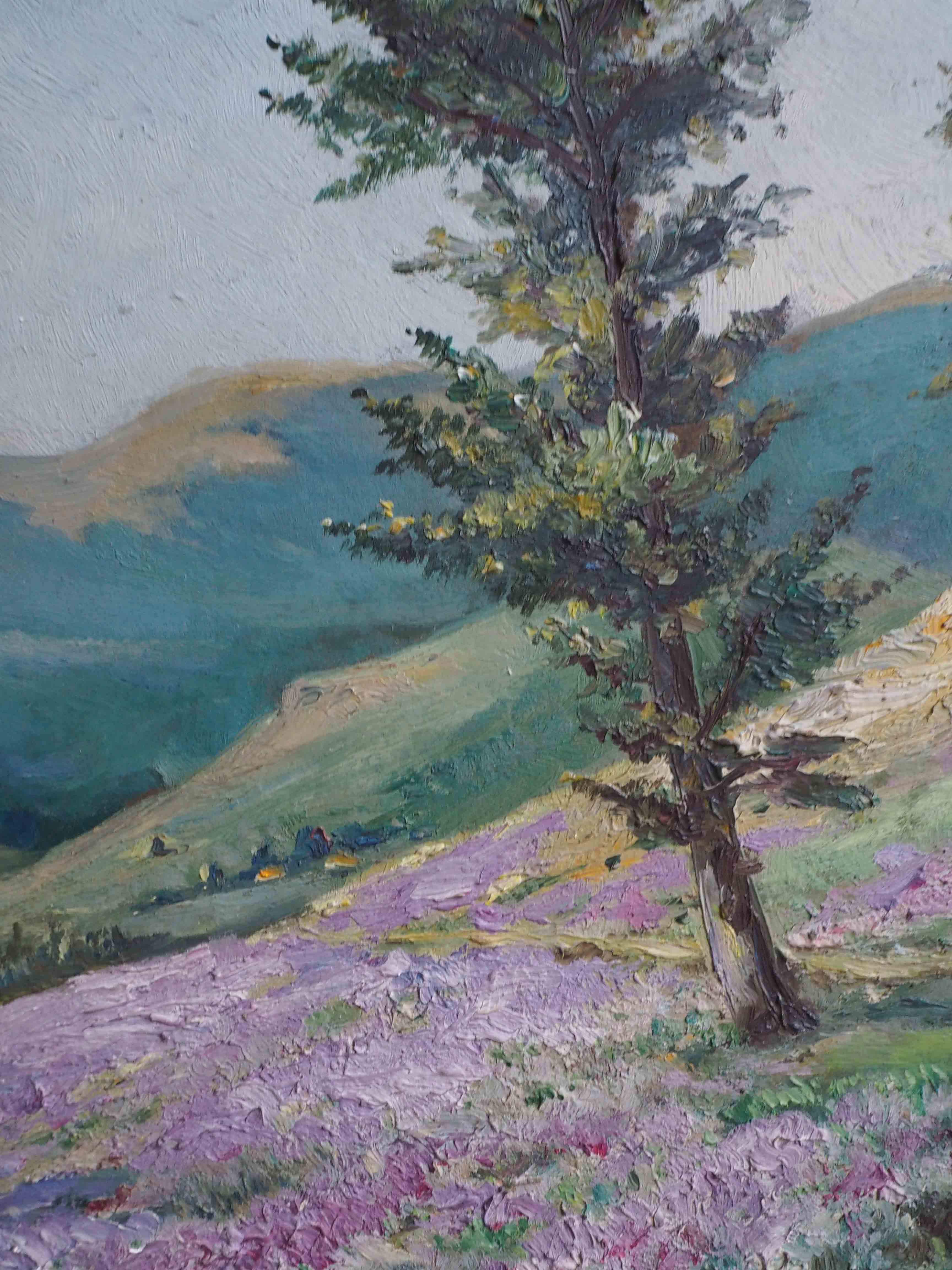 Painting heather landscape with mountain and village signed cf. anglade