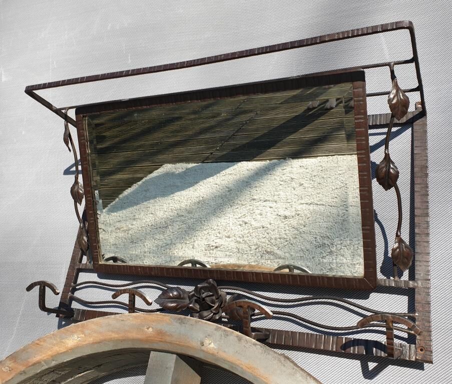 Wall coat rack Art Deco 1930 wrought iron 4 hooks and beveled mirror