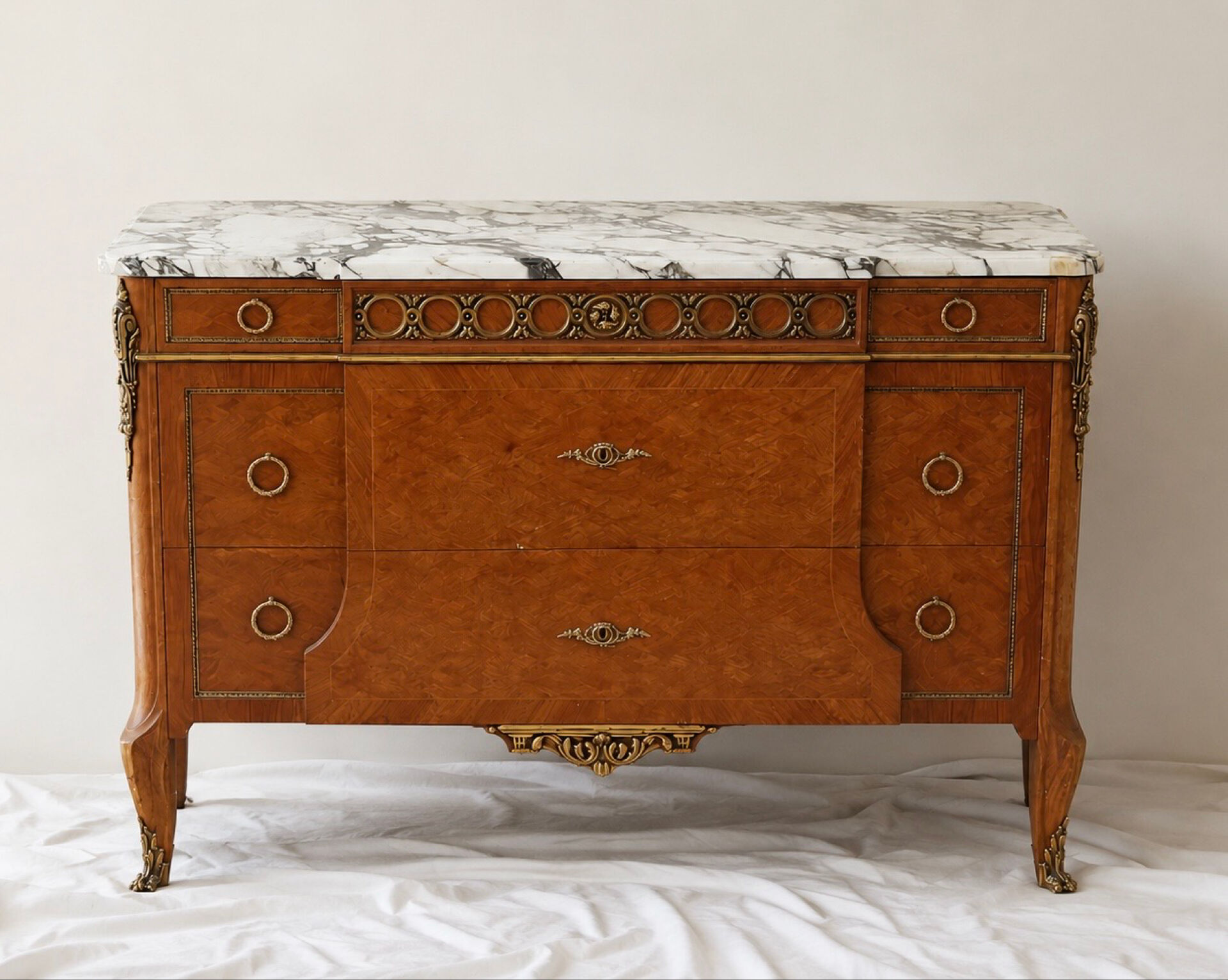 Neoclassical commode in Louis XVI style – marquetry, bronze & marble