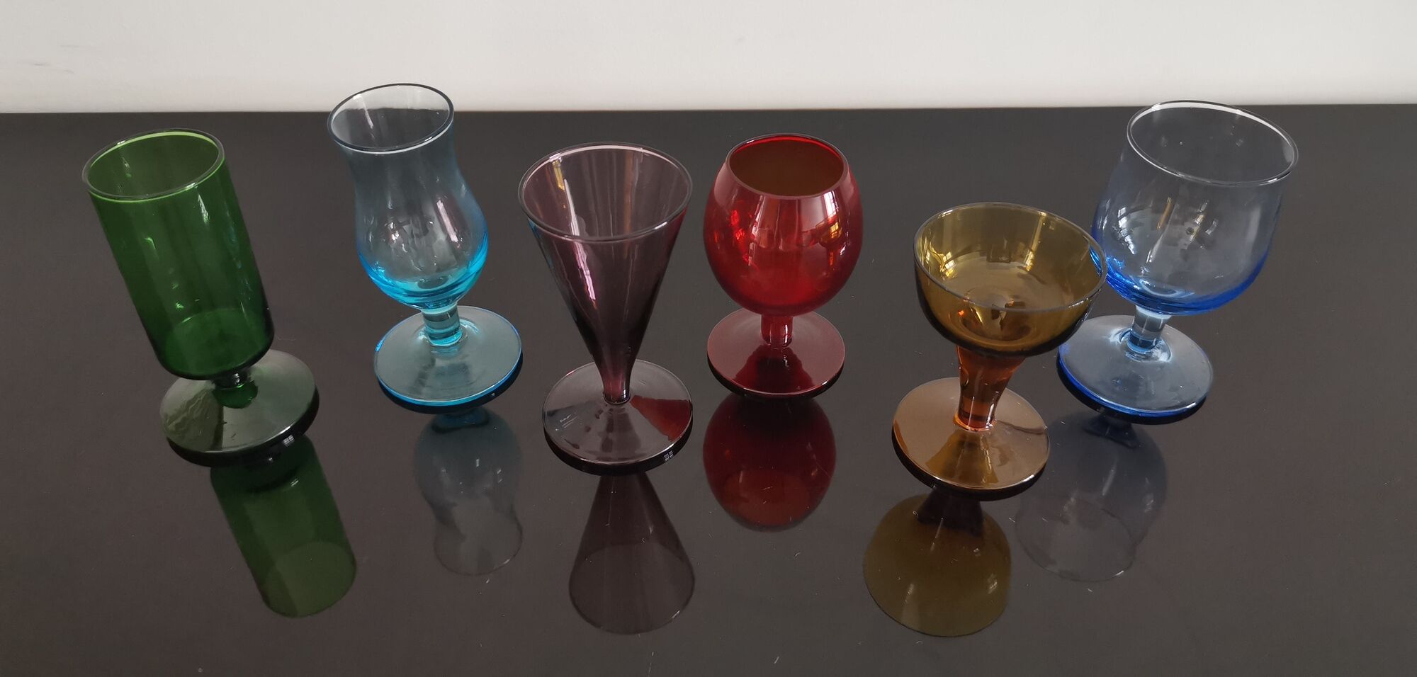 Set of 6 old liquor glasses on mismatched feet
