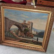 H. Nicolini  – Paysage animé au pont de pierre, XIXe siècle