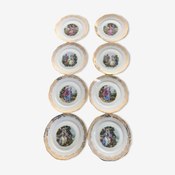 Lot de 8 assiettes plates pâtes et émaux de limoges, décor de scènes galantes 24,5 cm