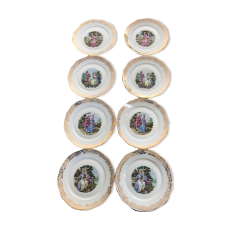 Lot of 8 plates plates pasta and enamels of limoges, decoration of gallant scenes 24.5 cm