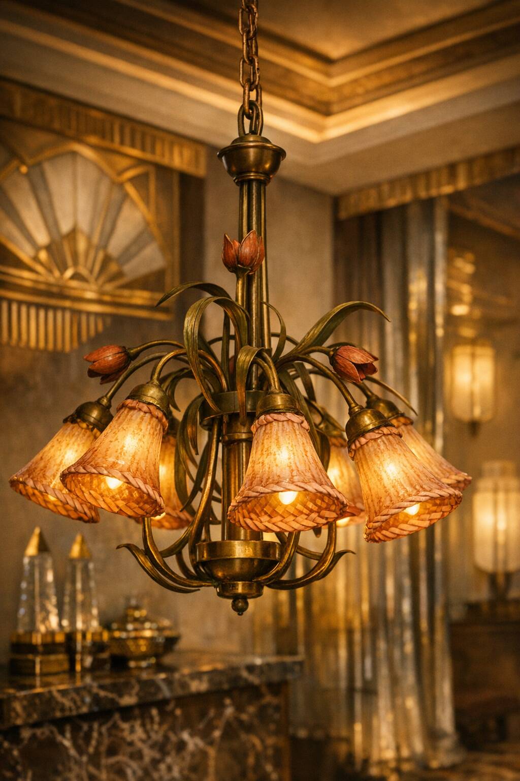 Antique Art Deco metal chandelier with a tinted glass shade.