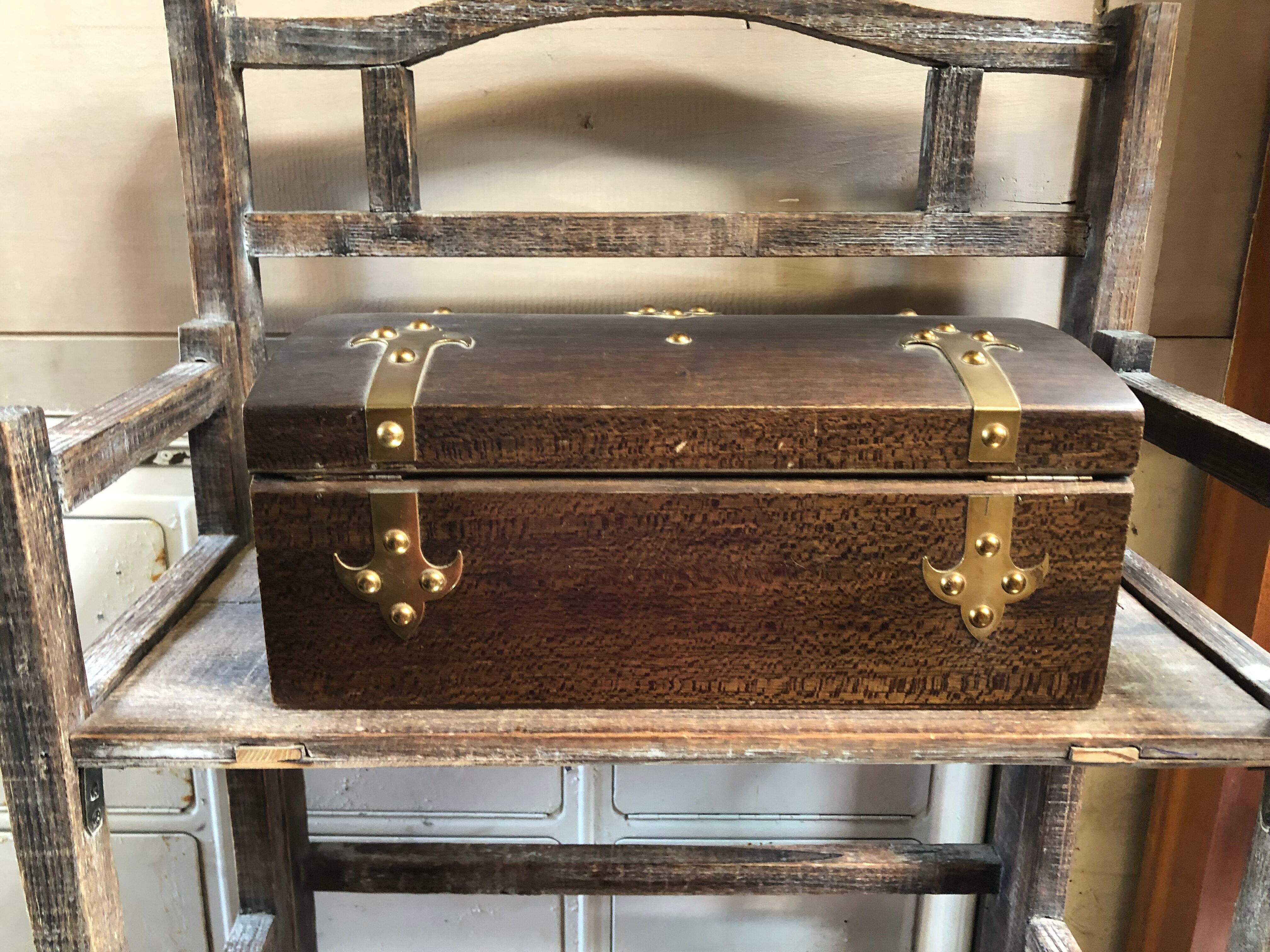 Old Box Storage Wood + Clamoir Metal Gilded Interior Fabric Red Vintage