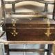 Old Box Storage Wood + Clamoir Metal Gilded Interior Fabric Red Vintage