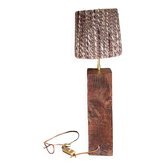 Brutalist lamp Art-populaire in solid wood, wool lampshade