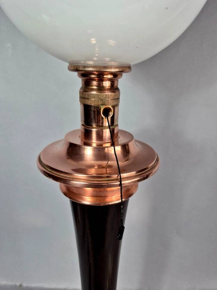 Antique large Mazda Art Deco lamp: opaline glass, wood & copper, 77 cm S802