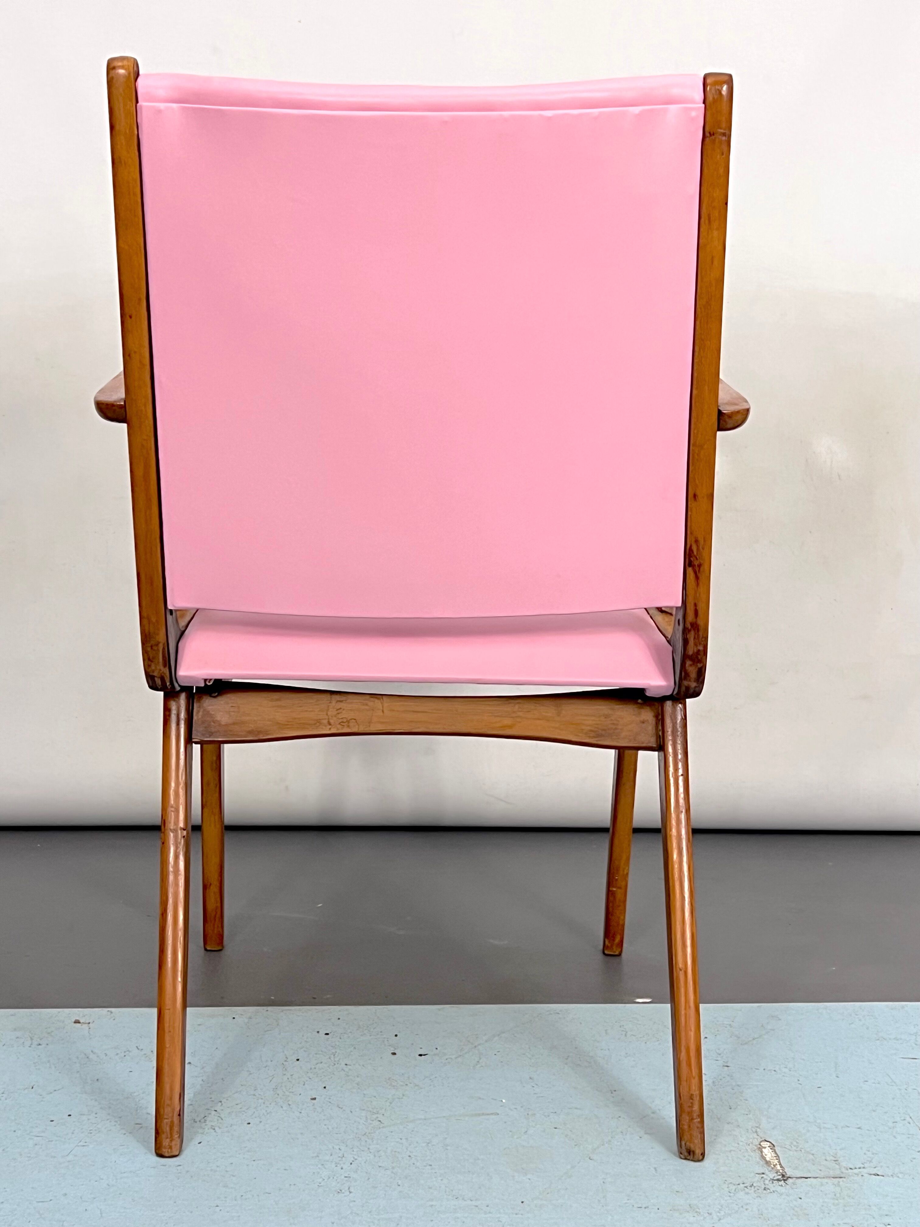 Vintage Italian wood accent chair in pink leatherette. Italy 1950s