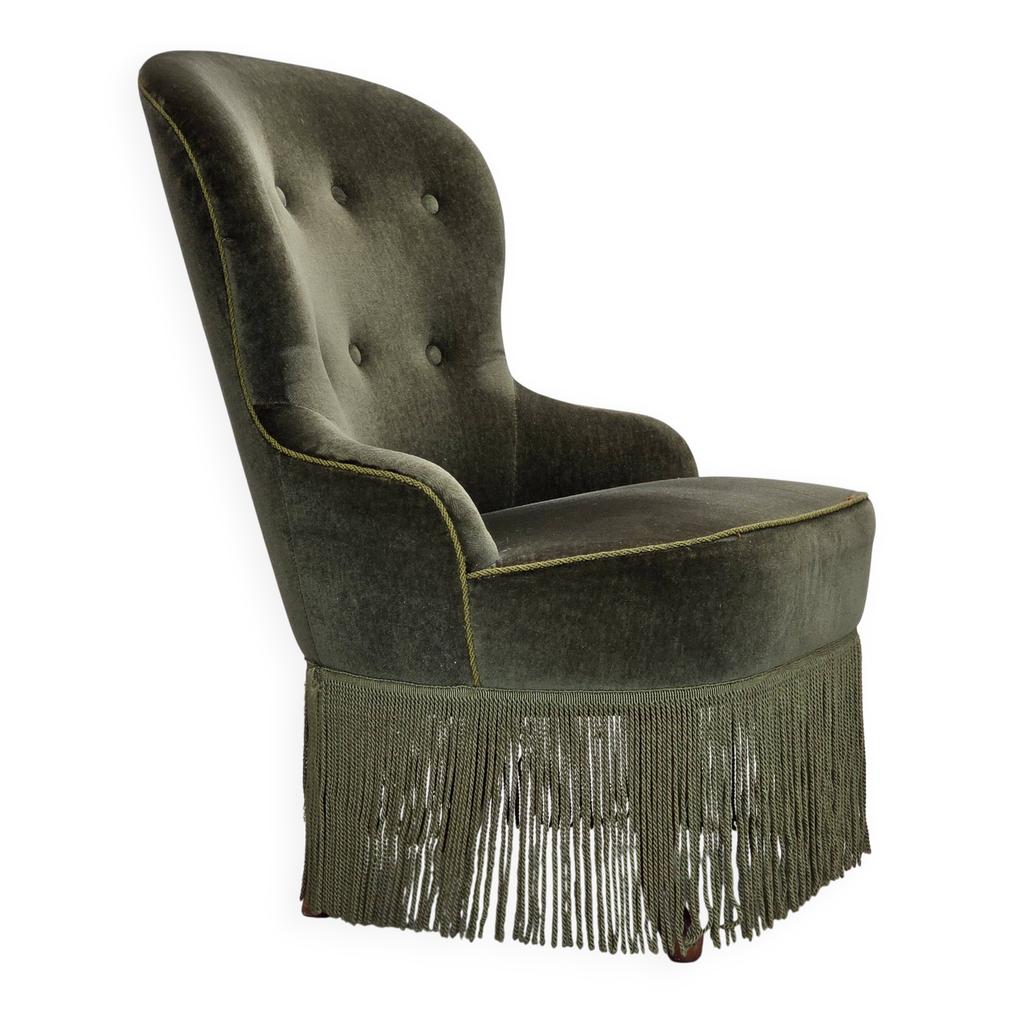 1970s, Danish side chair, green furniture velour, beech wood legs.