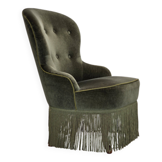 1970s, Danish side chair, green furniture velour, beech wood legs.