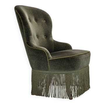 1970s, Danish side chair, green furniture velour, beech wood legs.