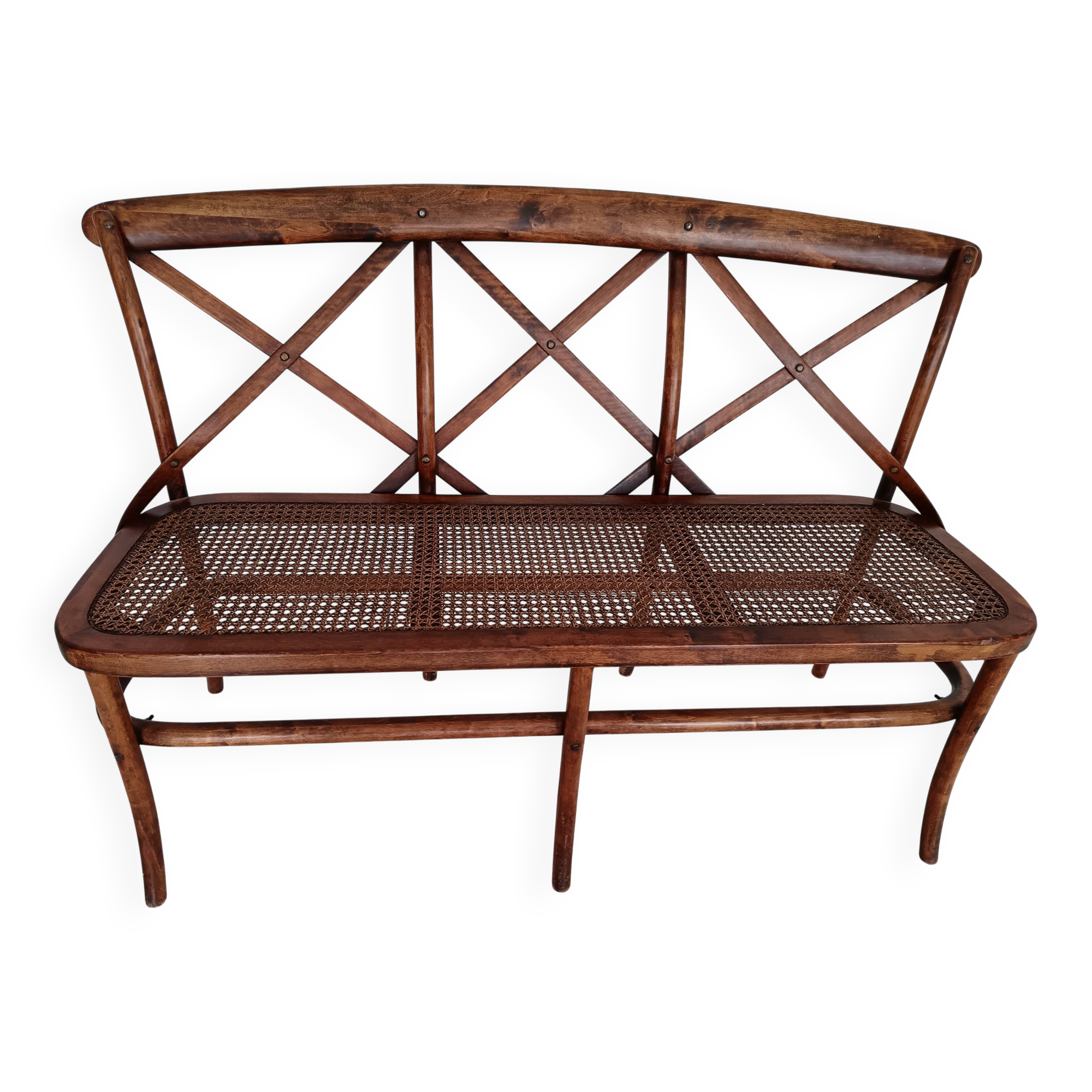 CURVED WOOD AND CANE BENCH