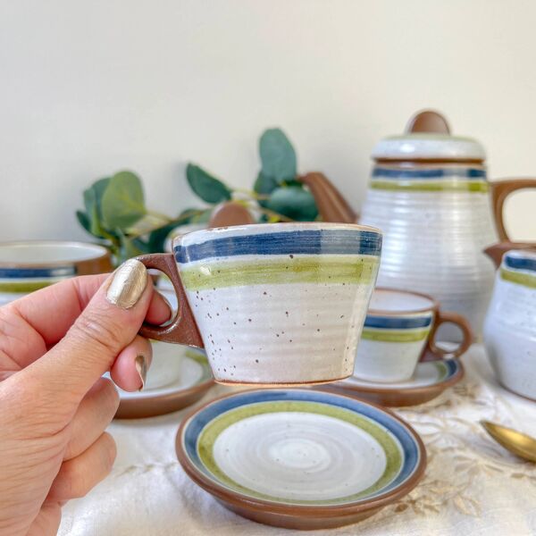 Service à café vintage en grès moucheté gris rayures vertes bleues des années 1950