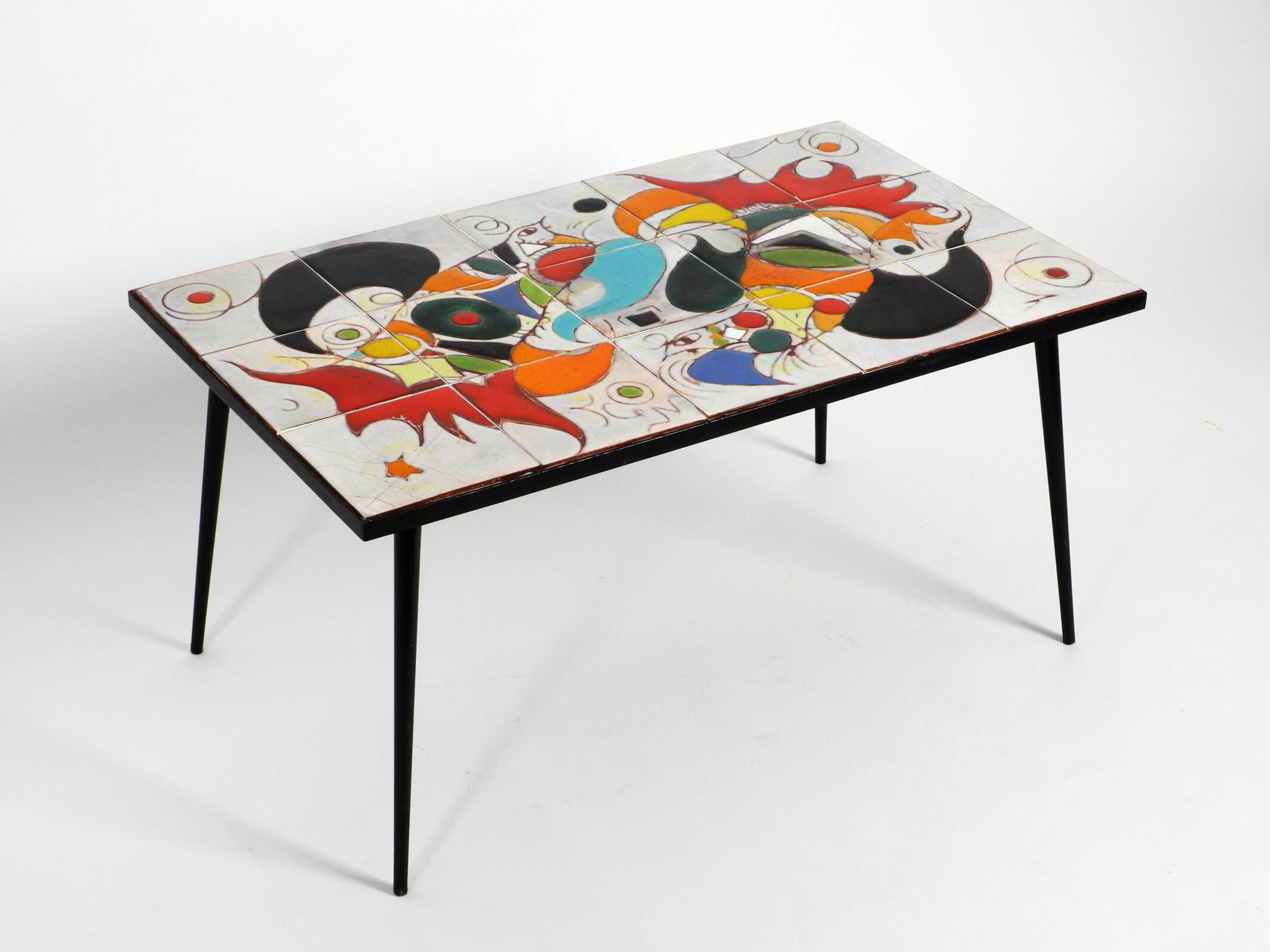 Mid Century Italian Modern Iron Table with Tiled Top and Abstract Motif