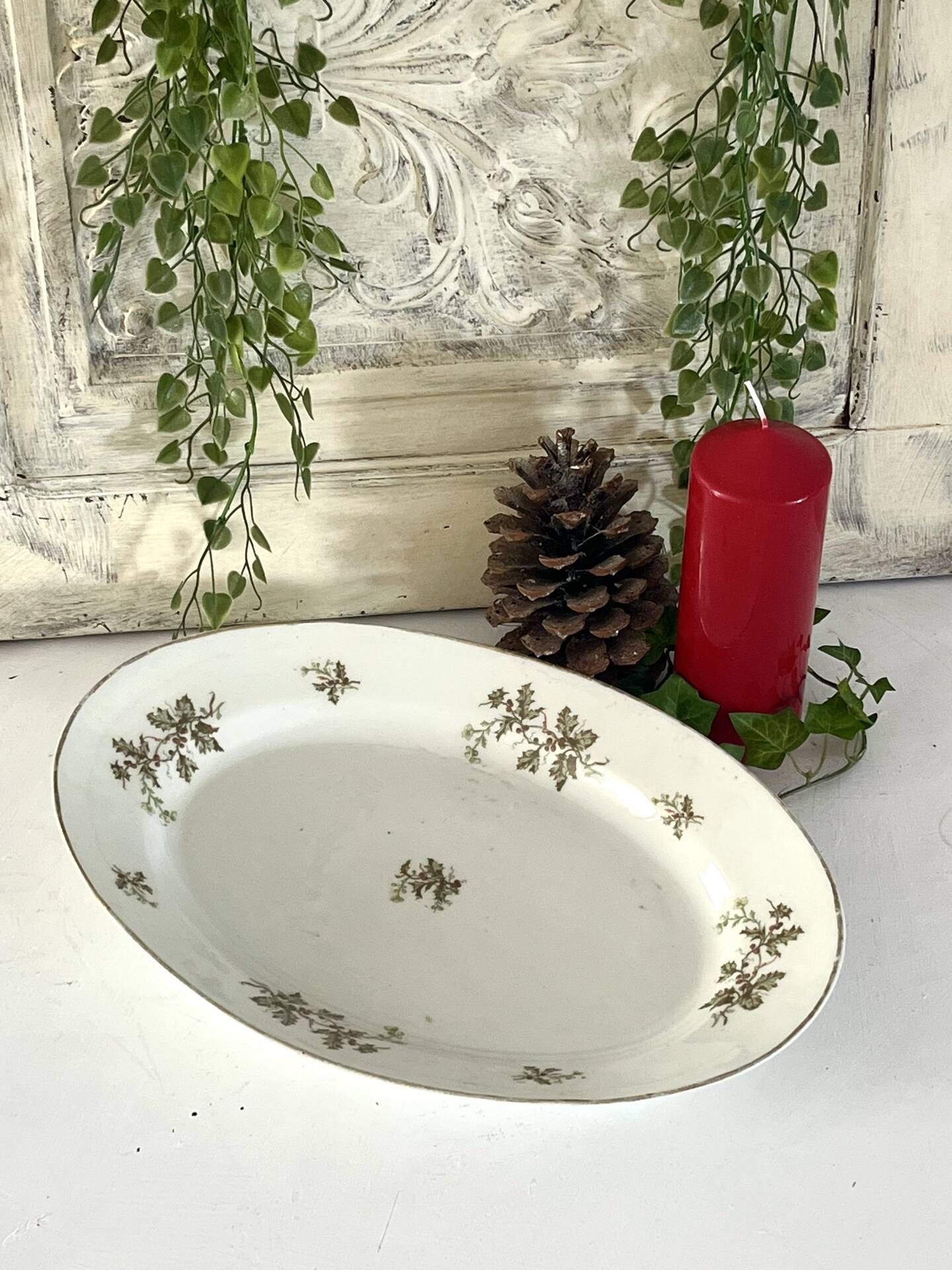 Vintage French Holly Deep Platter, Christmas Serving Dish, Large Oval