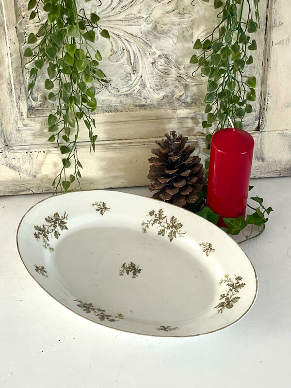 Plat profond vintage en houx français, plat de service de Noël, grand ovale