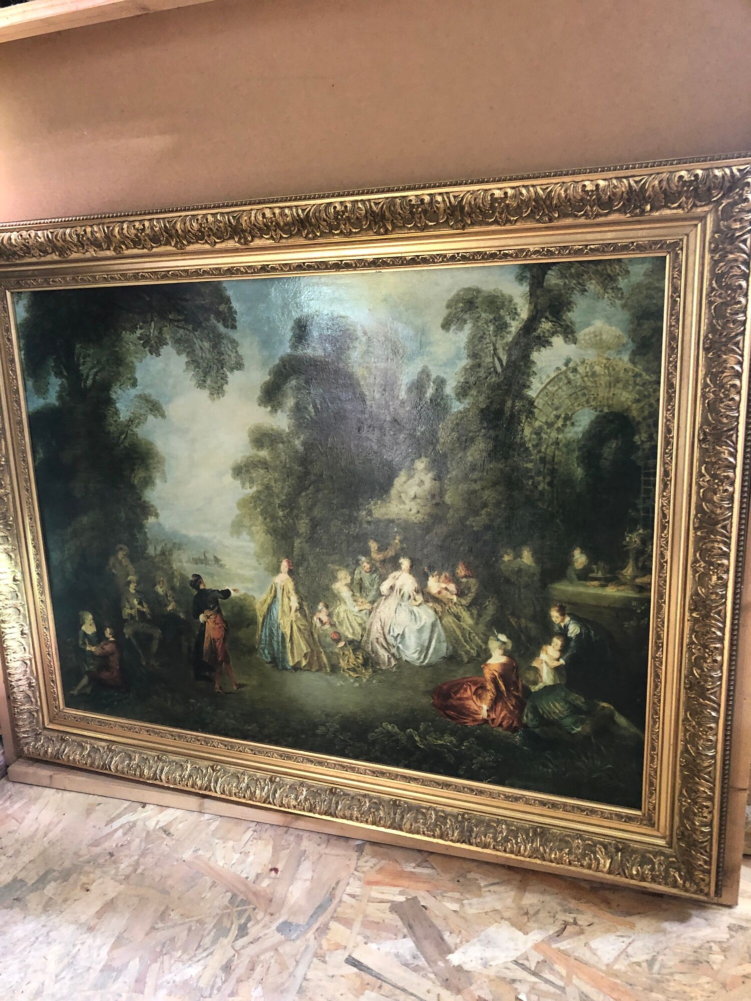 Old painting print on canvas + frame carved wood Gilded Vintage #2