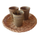 3 vintage 70s glazed stoneware cups and the wicker tray.