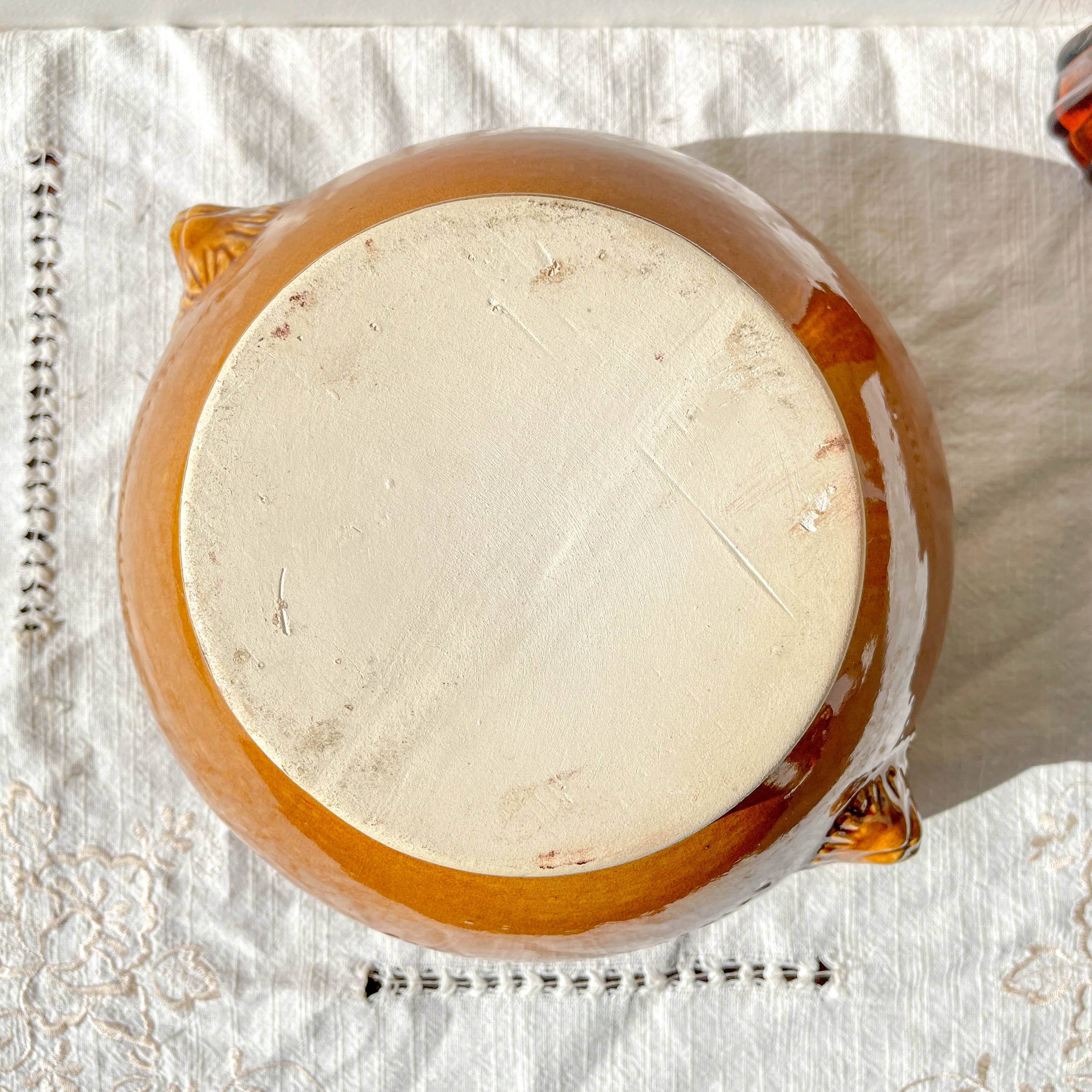 Vintage ceramic lion head soup tureen - honey and black, made in France