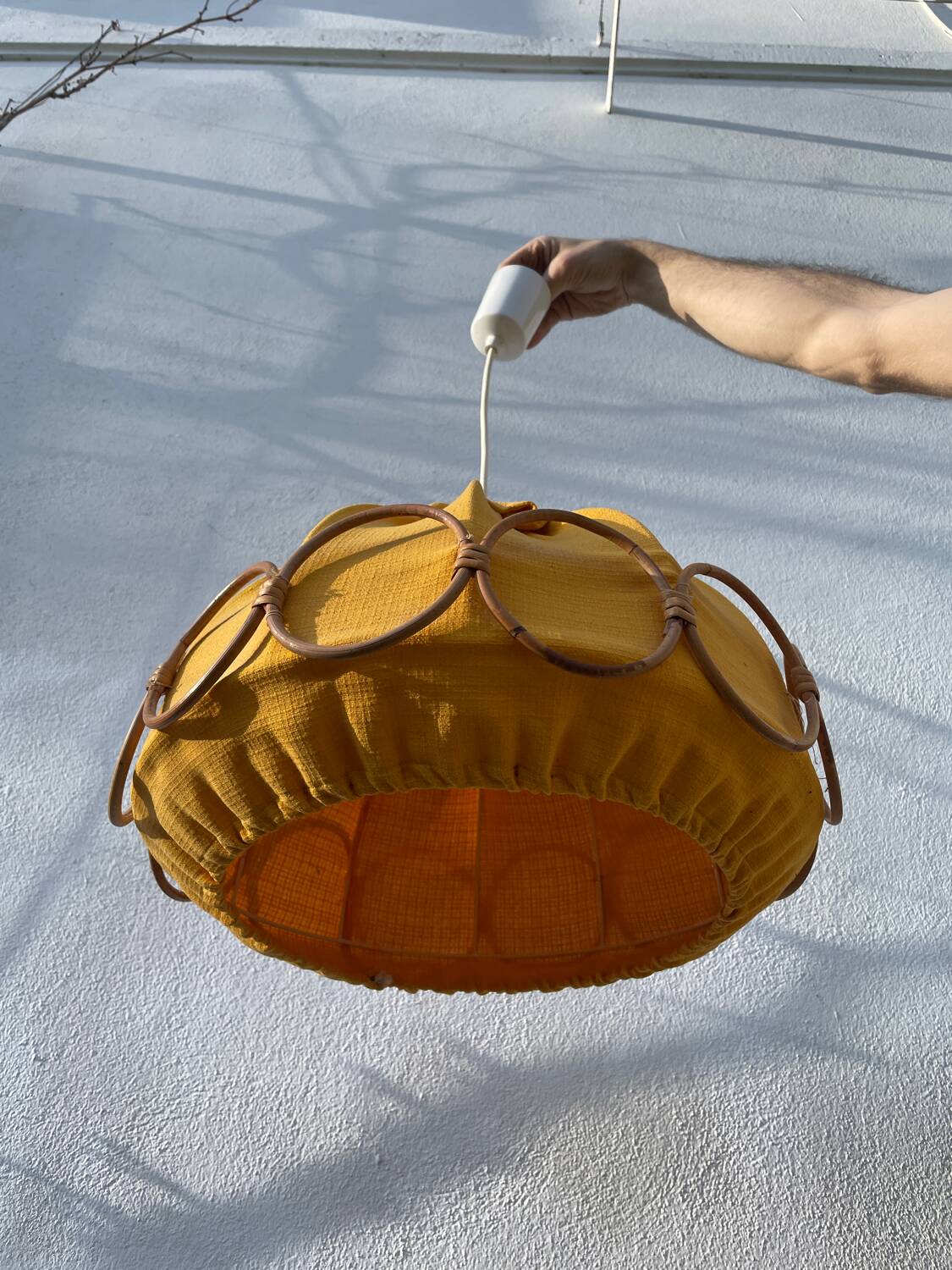 Wooden rattan and fabric suspension