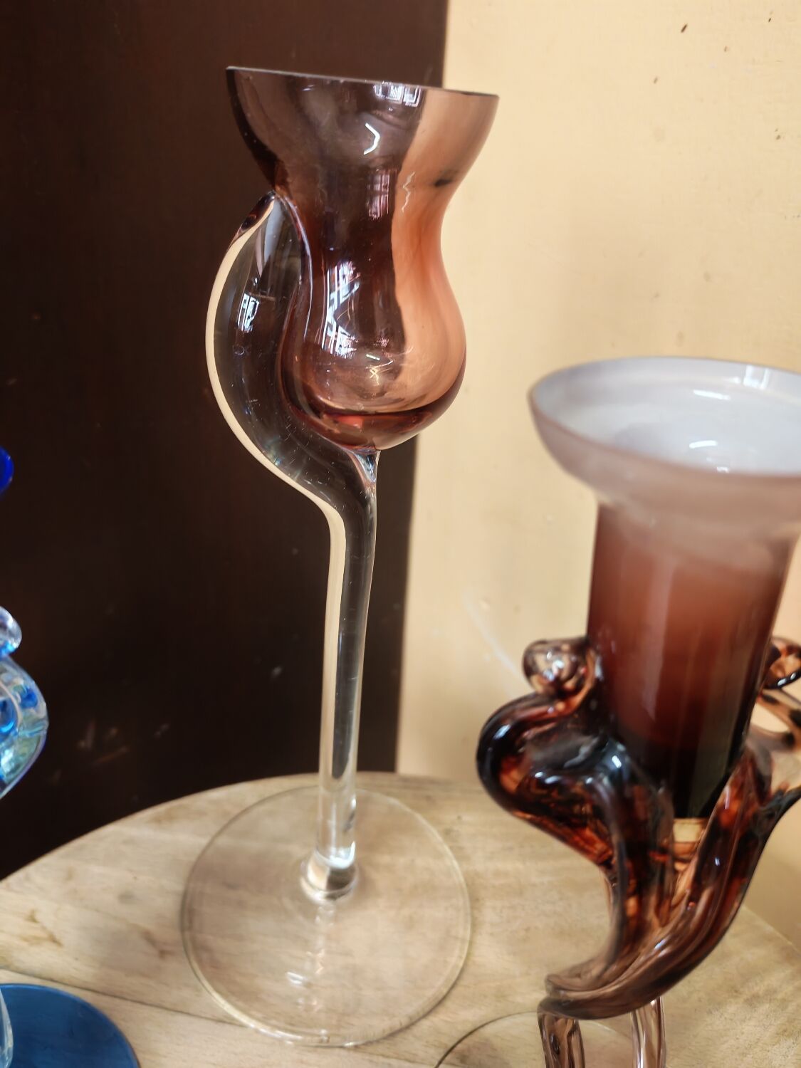 Set of three vintage blown glass candle holders Krosno Poland.