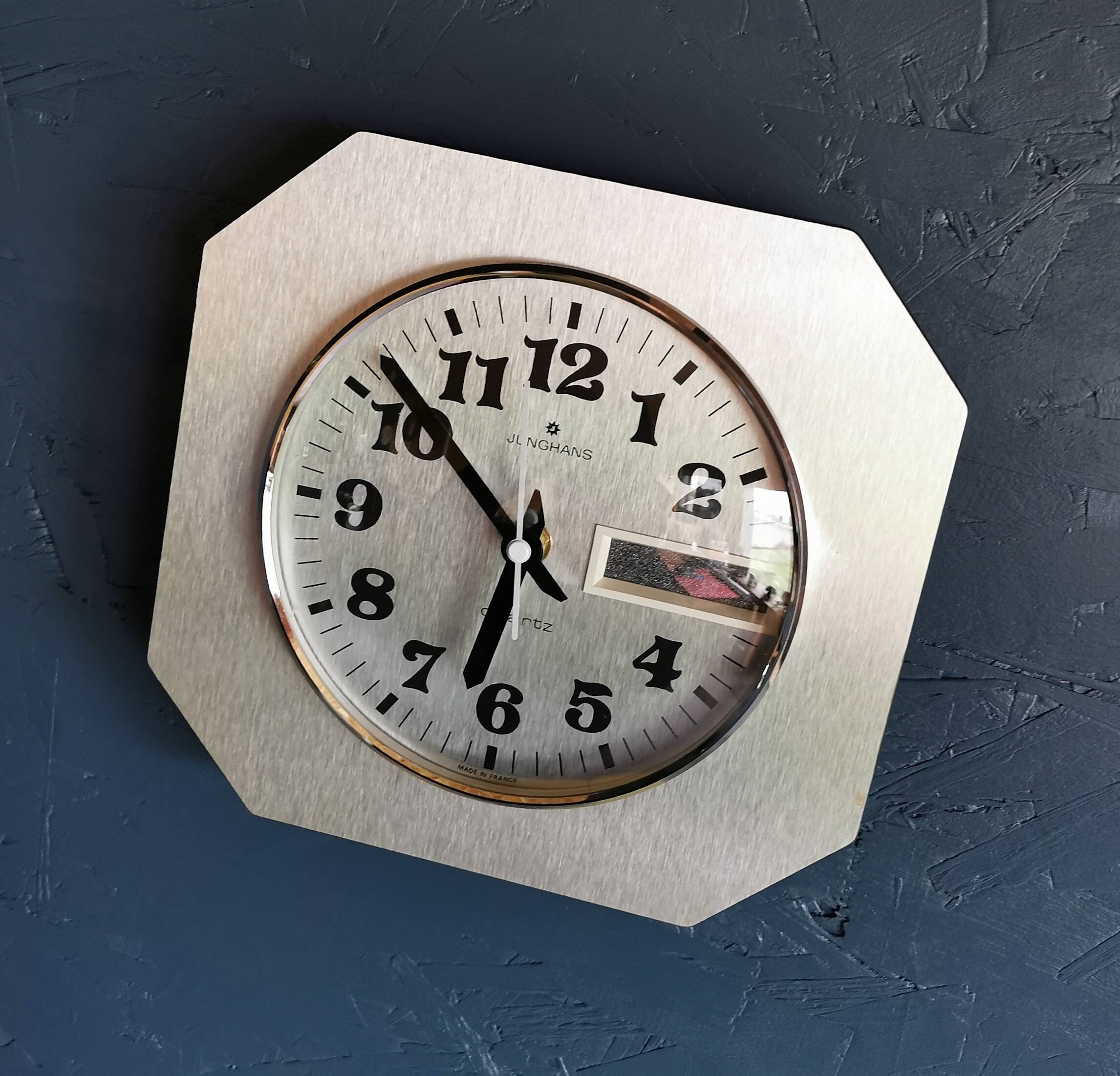 Horloge formica vintage pendule murale silencieuse carrée "Junghans argent"