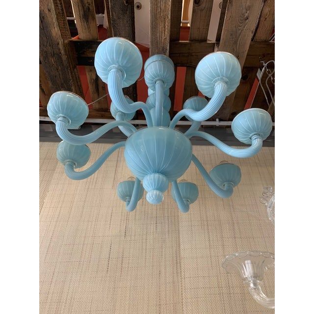 Contemporary matte light-blue murano style glass chandelier