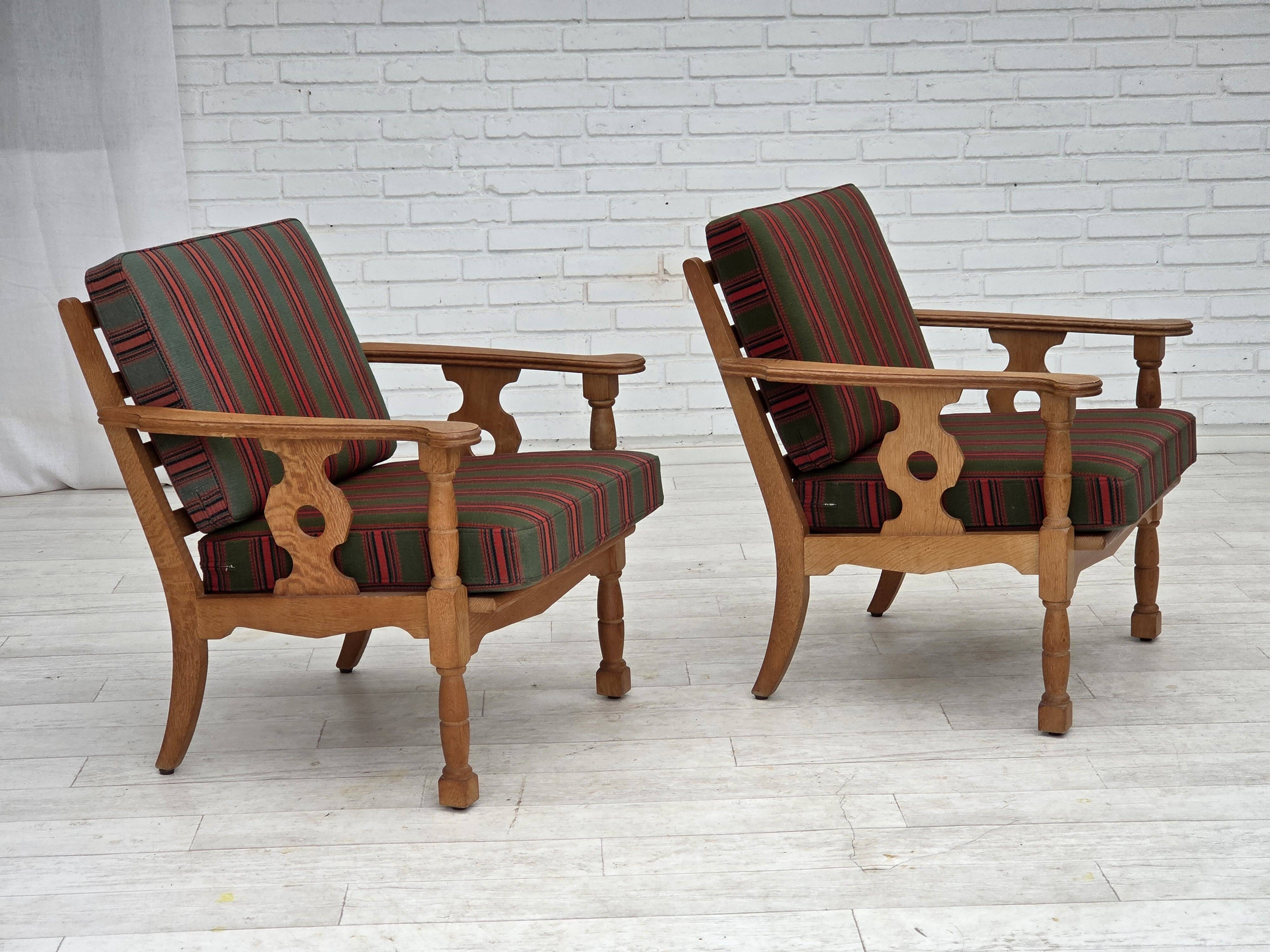 1970s, Danish armchair, green furniture wool, solid oak wood.